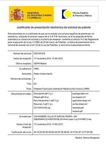Patente Nacional Protector facial para prevención de Úlceras Por Presión (UPP) en pacientes sometidos a Ventilación Mecánica No Invasiva. (VMNI)